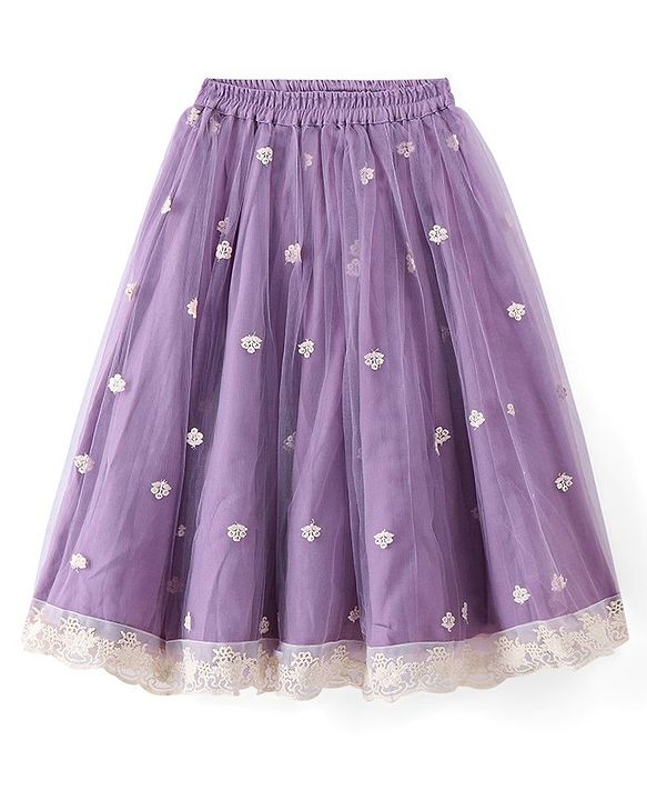 Babyhug Cotton Knit Sleeveless Embroidered Choli With Embroidered Net Lehenga And Dupatta Set - Lavender