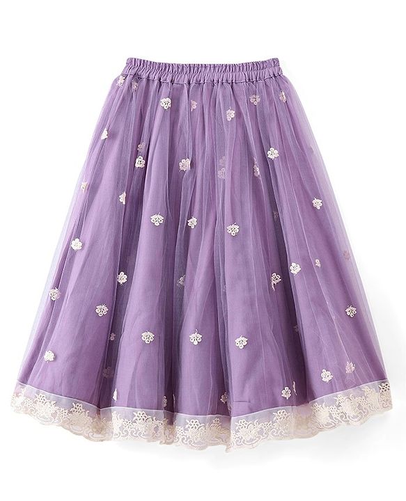 Babyhug Cotton Knit Sleeveless Embroidered Choli With Embroidered Net Lehenga And Dupatta Set - Lavender