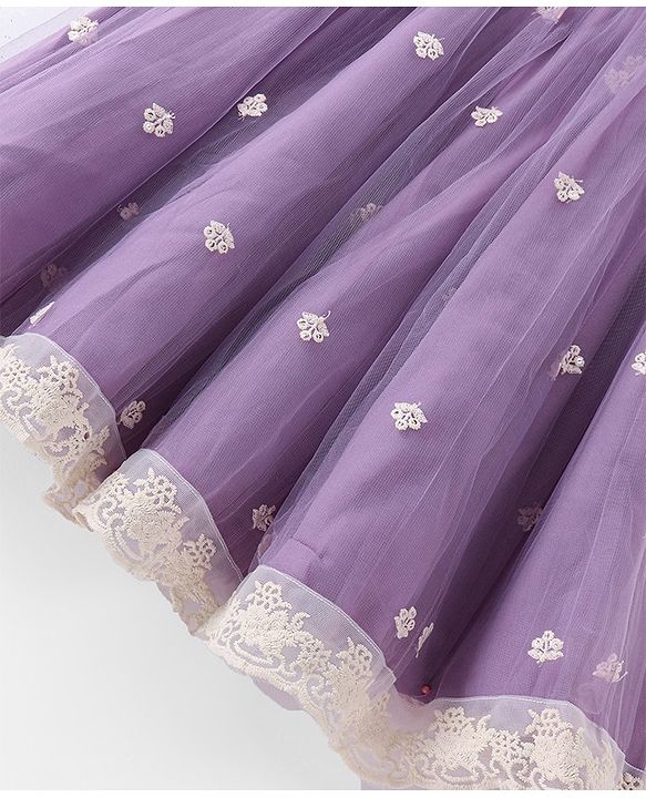 Babyhug Cotton Knit Sleeveless Embroidered Choli With Embroidered Net Lehenga And Dupatta Set - Lavender