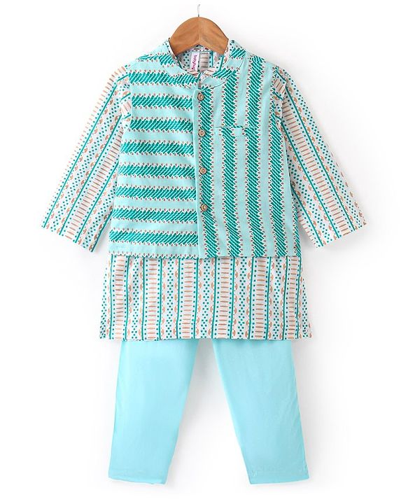 Babyhug 100% Cotton Woven Full Sleeves Kurta & Pyjama Set With Striped Jacket - Blue