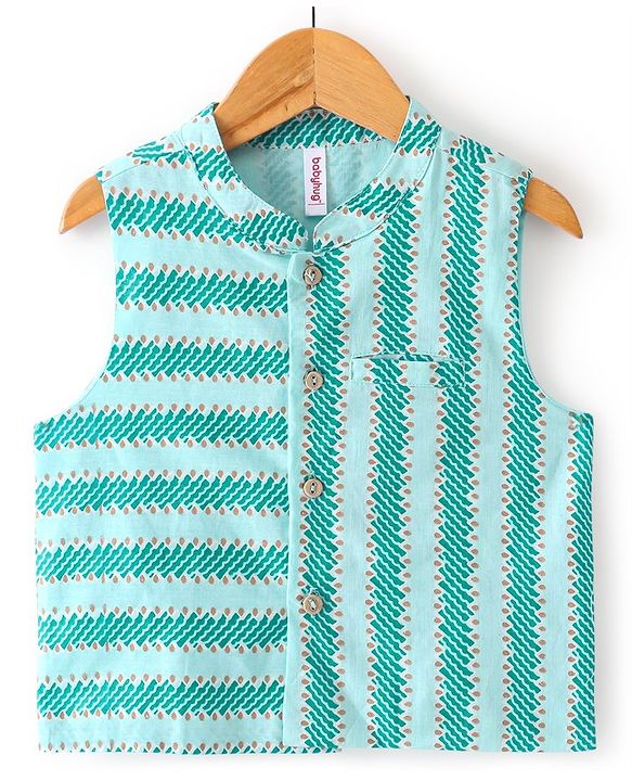 Babyhug 100% Cotton Woven Full Sleeves Kurta & Pyjama Set With Striped Jacket - Blue