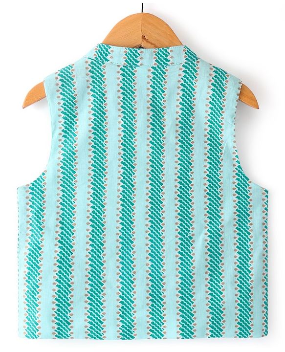 Babyhug 100% Cotton Woven Full Sleeves Kurta & Pyjama Set With Striped Jacket - Blue