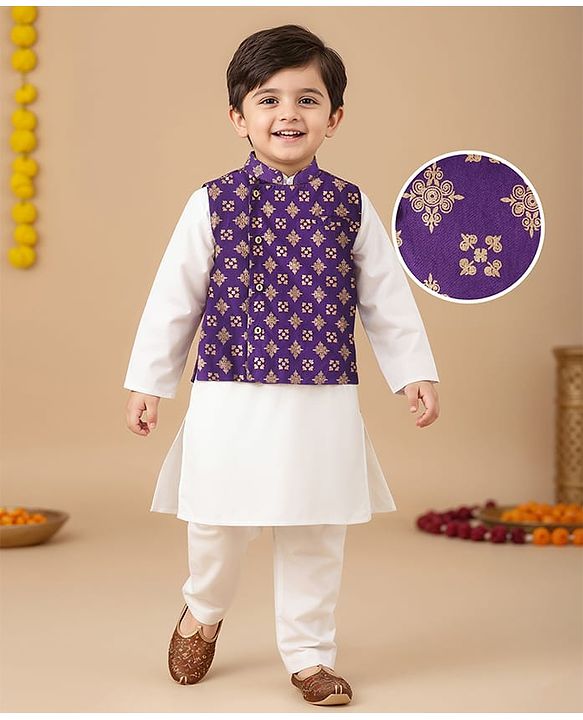 Babyhug Woven Full Sleeves Kurta & Pajama Set With Printed Jacket - Purple