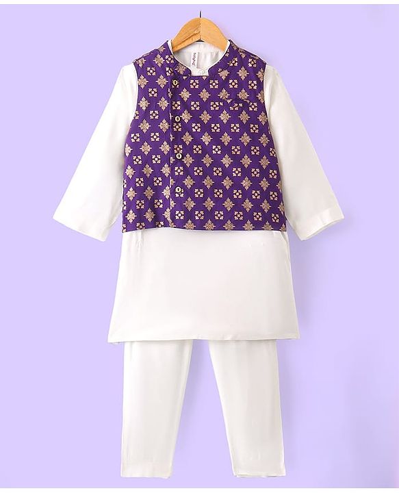 Babyhug Woven Full Sleeves Kurta & Pajama Set With Printed Jacket - Purple
