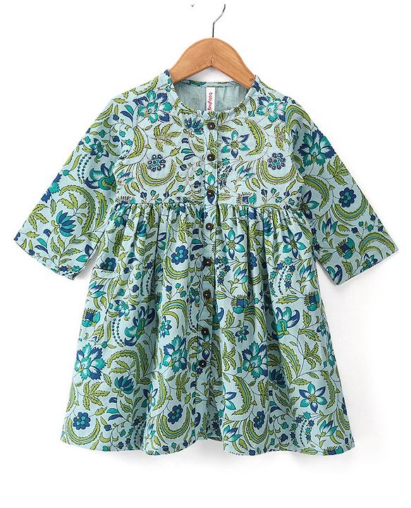 Babyhug Cotton Woven Three Fourth Sleeves Ethnic Dress Floral Printed - Green