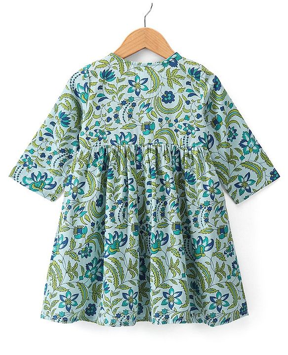 Babyhug Cotton Woven Three Fourth Sleeves Ethnic Dress Floral Printed - Green