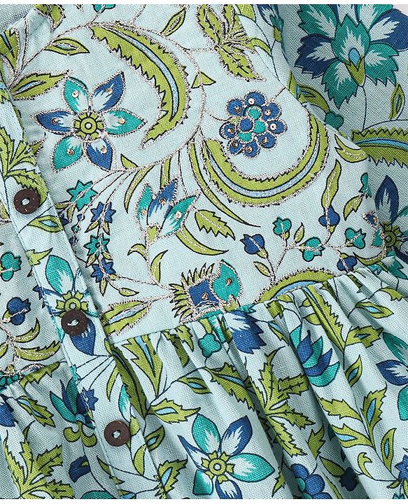 Babyhug Cotton Woven Three Fourth Sleeves Ethnic Dress Floral Printed - Green