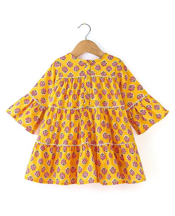 Babyhug 100% Cotton Knit Three Fourth Sleeves Ethnic Dress With Floral Print - Yellow
