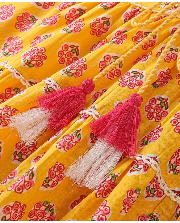 Babyhug 100% Cotton Knit Three Fourth Sleeves Ethnic Dress With Floral Print - Yellow