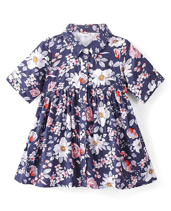 Babyhug Rayon Woven Full Sleeves Frock Floral Print -  Navy