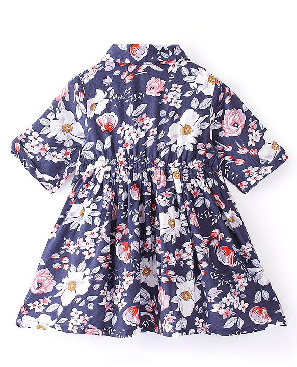 Babyhug Rayon Woven Full Sleeves Frock Floral Print -  Navy