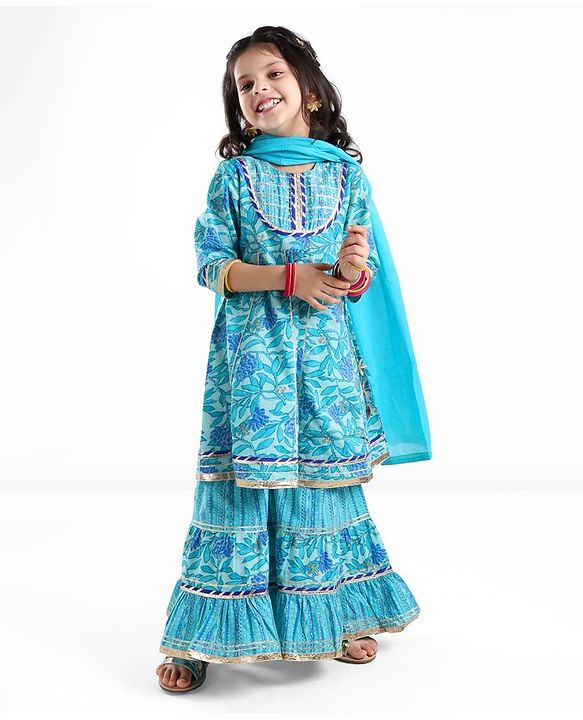 Babyhug Three Fourth Sleeves Printed Kurti Sharara and Dupatta Set with Floral Print - Blue