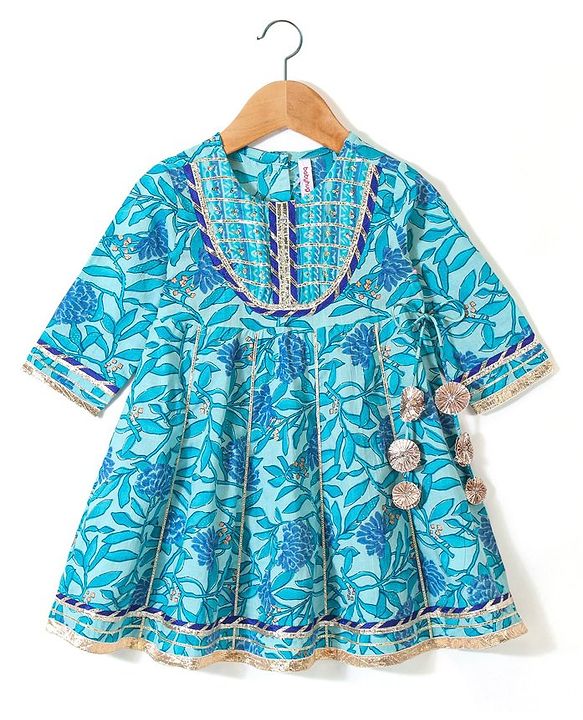 Babyhug Three Fourth Sleeves Printed Kurti Sharara and Dupatta Set with Floral Print - Blue
