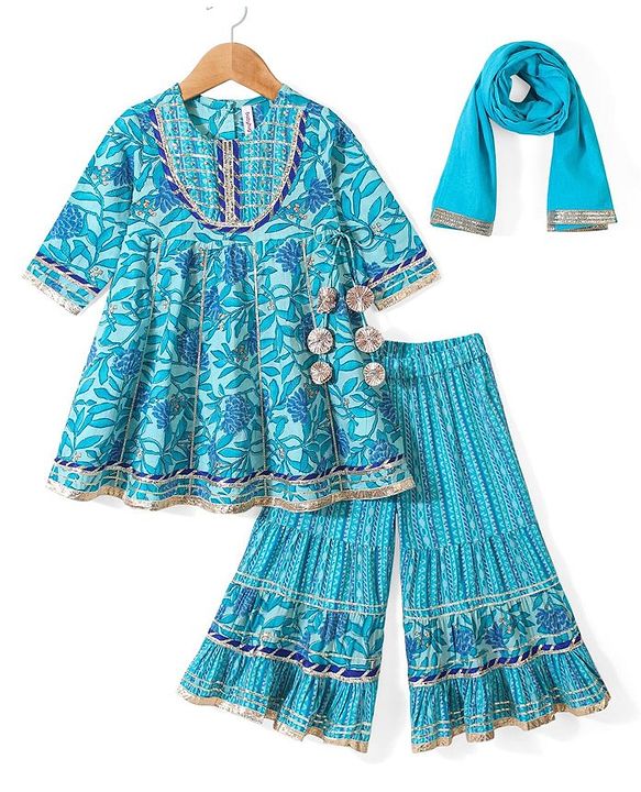 Babyhug Three Fourth Sleeves Printed Kurti Sharara and Dupatta Set with Floral Print - Blue