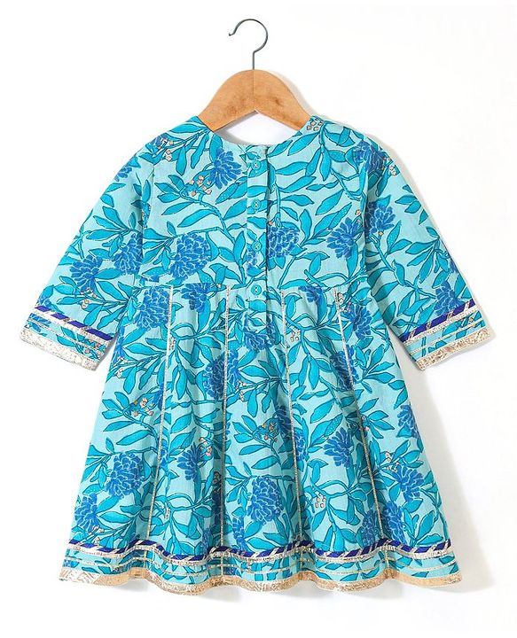 Babyhug Three Fourth Sleeves Printed Kurti Sharara and Dupatta Set with Floral Print - Blue