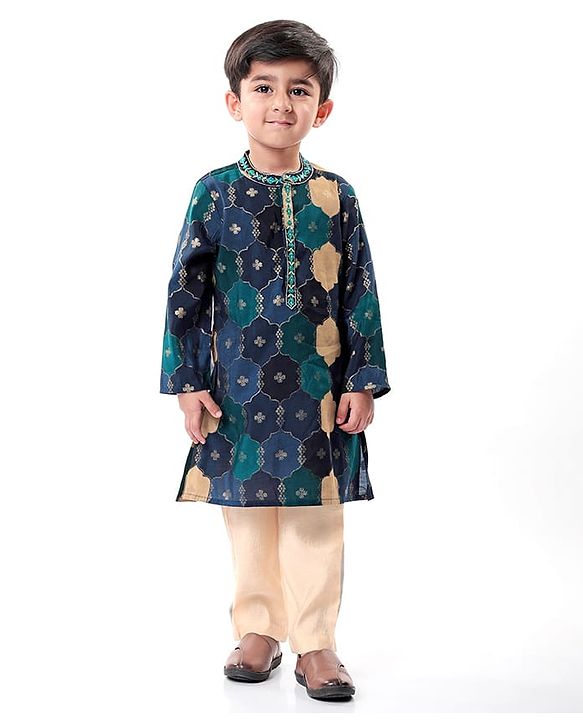 Babyhug Cotton Woven Full Sleeves Floral Printed & Embroidered Kurta Pyjama Set  - Navy Blue Green & Yellow