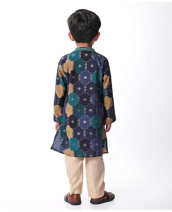 Babyhug Cotton Woven Full Sleeves Floral Printed & Embroidered Kurta Pyjama Set  - Navy Blue Green & Yellow