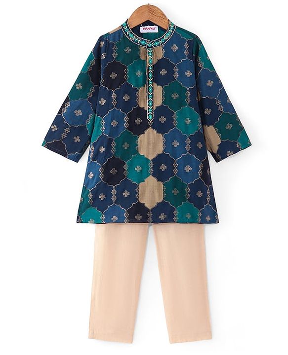 Babyhug Cotton Woven Full Sleeves Floral Printed & Embroidered Kurta Pyjama Set  - Navy Blue Green & Yellow