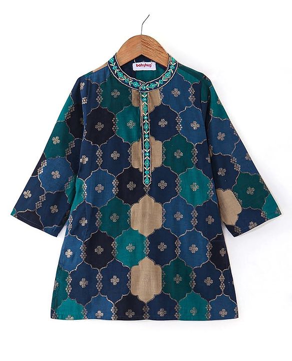Babyhug Cotton Woven Full Sleeves Floral Printed & Embroidered Kurta Pyjama Set  - Navy Blue Green & Yellow