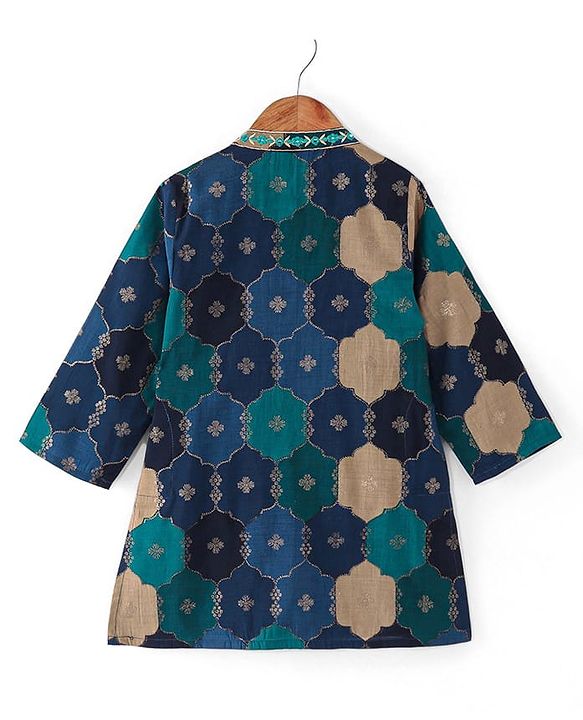Babyhug Cotton Woven Full Sleeves Floral Printed & Embroidered Kurta Pyjama Set  - Navy Blue Green & Yellow