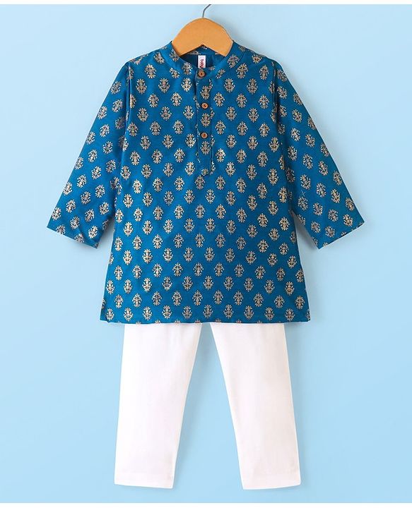 Babyhug 100% Cotton Woven Full Sleeves Kurta & Pyjama Set With Floral Print - Navy Blue