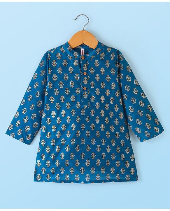 Babyhug 100% Cotton Woven Full Sleeves Kurta & Pyjama Set With Floral Print - Navy Blue