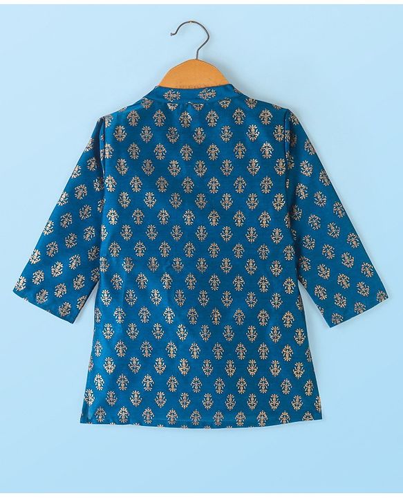 Babyhug 100% Cotton Woven Full Sleeves Kurta & Pyjama Set With Floral Print - Navy Blue