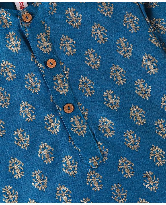 Babyhug 100% Cotton Woven Full Sleeves Kurta & Pyjama Set With Floral Print - Navy Blue