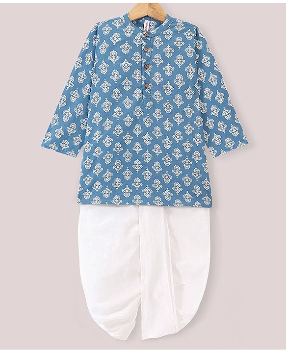 Babyhug 100% Cotton Full Sleeves Kurta With Dhoti Set With Floral Print - White & Blue