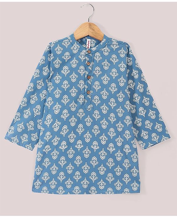 Babyhug 100% Cotton Full Sleeves Kurta With Dhoti Set With Floral Print - White & Blue