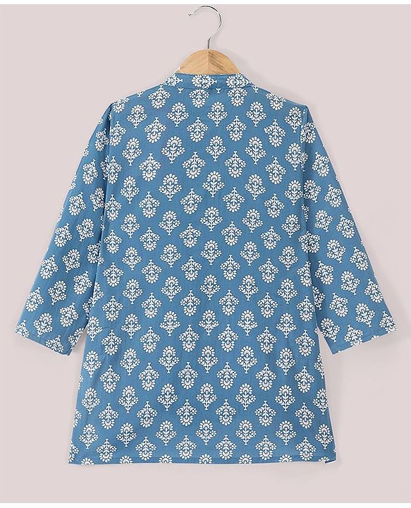 Babyhug 100% Cotton Full Sleeves Kurta With Dhoti Set With Floral Print - White & Blue