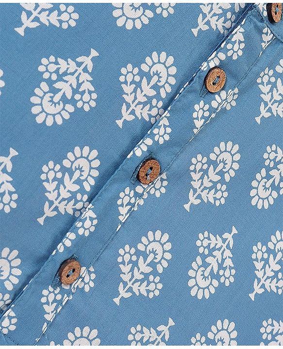 Babyhug 100% Cotton Full Sleeves Kurta With Dhoti Set With Floral Print - White & Blue