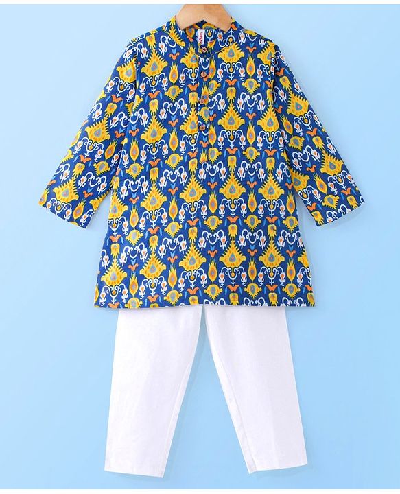 Babyhug 100% Cotton Full Sleeves Kolka Printed Kurta Pyjama Set - Blue