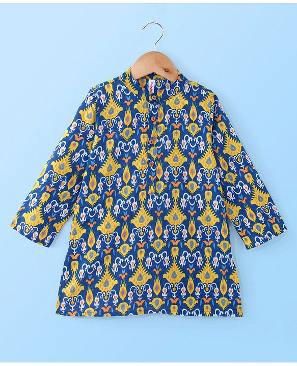 Babyhug 100% Cotton Full Sleeves Kolka Printed Kurta Pyjama Set - Blue