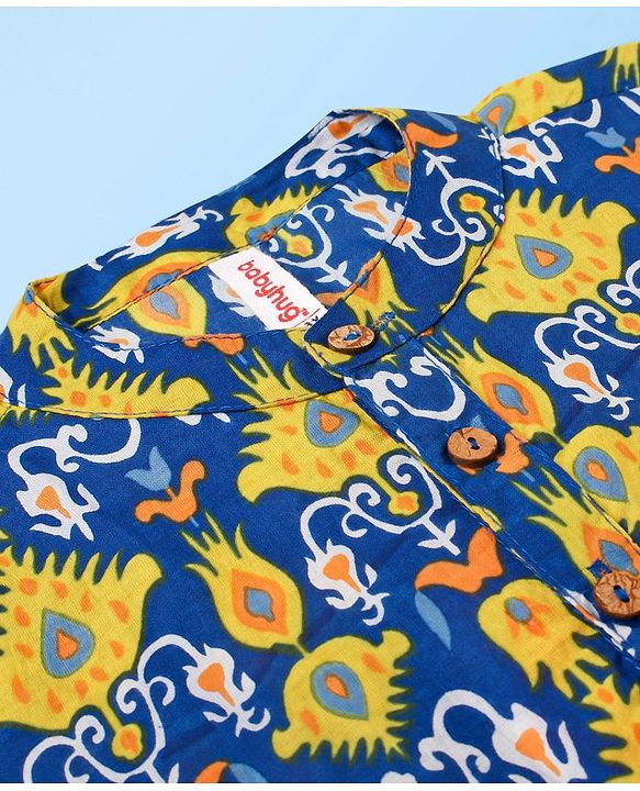 Babyhug 100% Cotton Full Sleeves Kolka Printed Kurta Pyjama Set - Blue