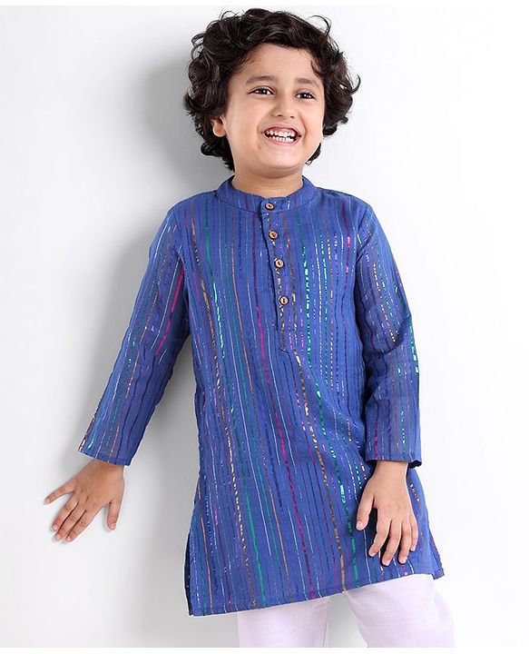 Babyhug Cotton Lurex Woven Full Sleeves Kurta - Blue