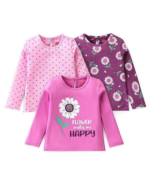 Babyhug Cotton Knit Full Sleeves T-Shirts Floral Print Pack of 3 - Pink & Purple