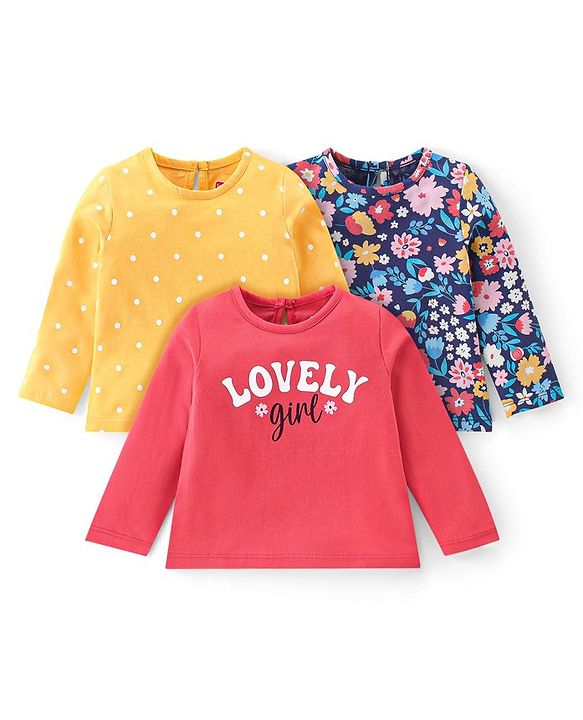 Babyhug 100% Cotton Knit Full Sleeves T-Shirt With Floral Graphics Pack Of 3 - Multicolour