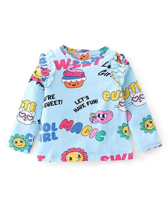Babyhug 100% Cotton Knit Full Sleeves Cup Cakes Print T-Shirt with Frill Detailing - Blue