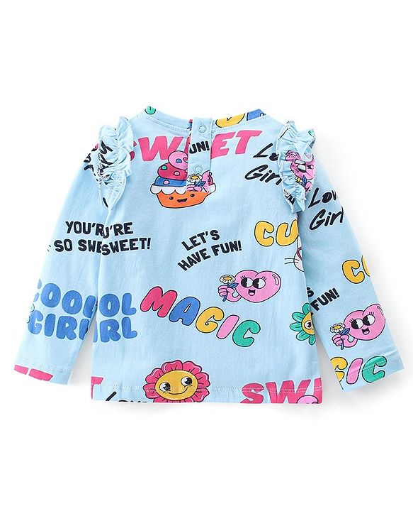Babyhug 100% Cotton Knit Full Sleeves Cup Cakes Print T-Shirt with Frill Detailing - Blue