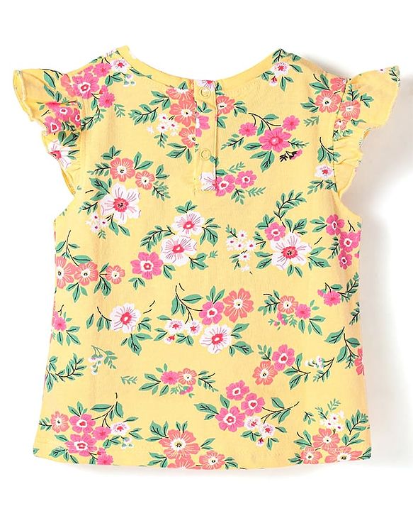 Babyhug Cotton Knit Frill Sleeves T-Shirt With Floral Print - Mustard