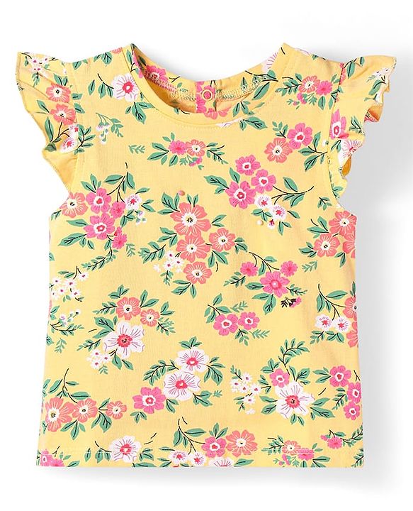Babyhug Cotton Knit Frill Sleeves T-Shirt With Floral Print - Mustard