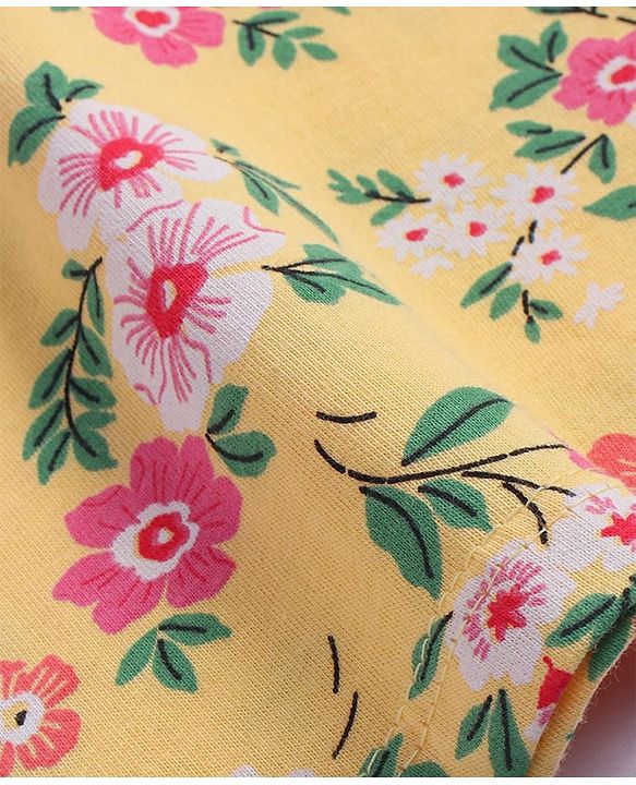 Babyhug Cotton Knit Frill Sleeves T-Shirt With Floral Print - Mustard