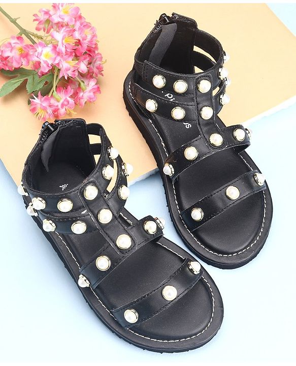 Pine Kids Zipper Closure Studded Sandals - Black