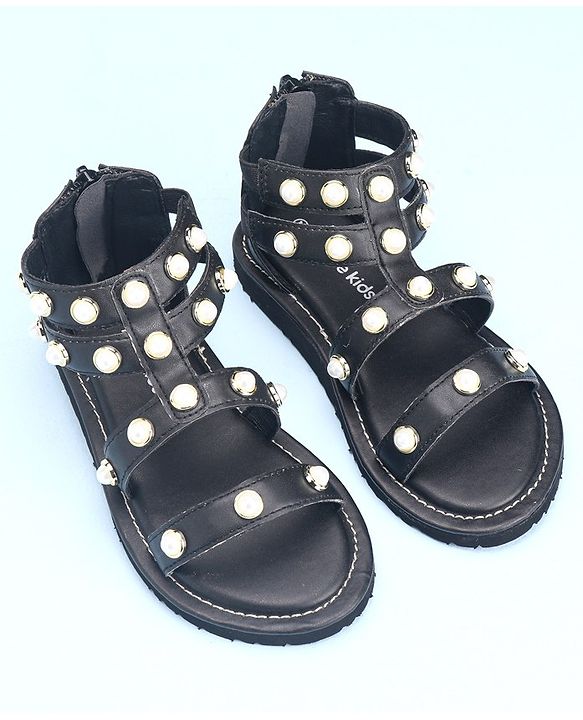 Pine Kids Zipper Closure Studded Sandals - Black