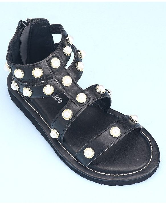 Pine Kids Zipper Closure Studded Sandals - Black