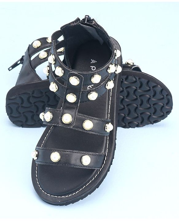 Pine Kids Zipper Closure Studded Sandals - Black