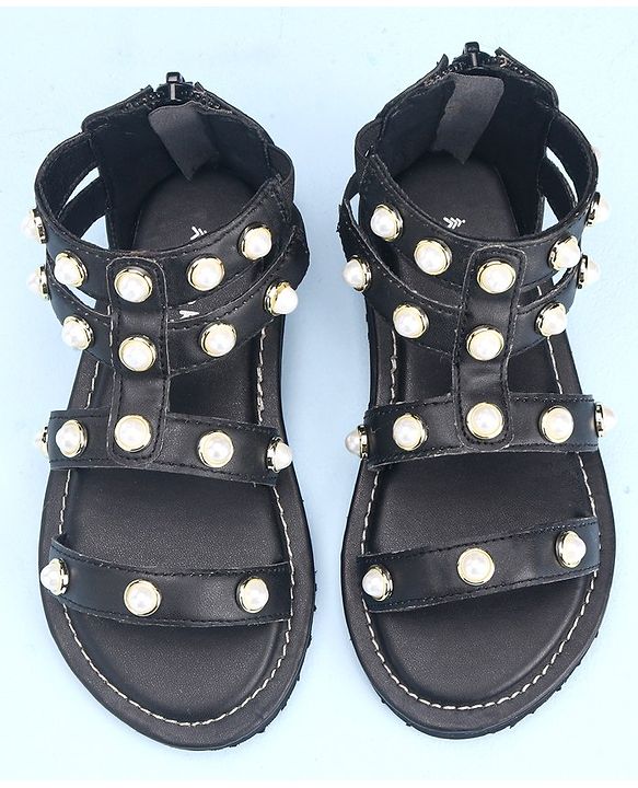 Pine Kids Zipper Closure Studded Sandals - Black