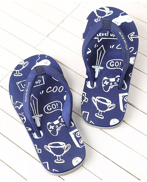 Pine Kids Slip On Flip Flops Games Print - Blue