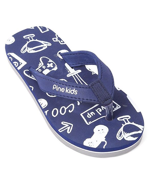 Pine Kids Slip On Flip Flops Games Print - Blue
